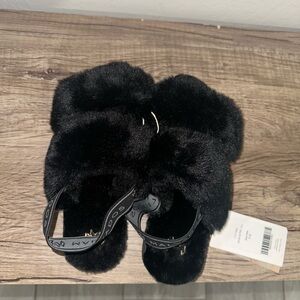 Black Faux Fur Slide Sandals with Logo Elastic Strap